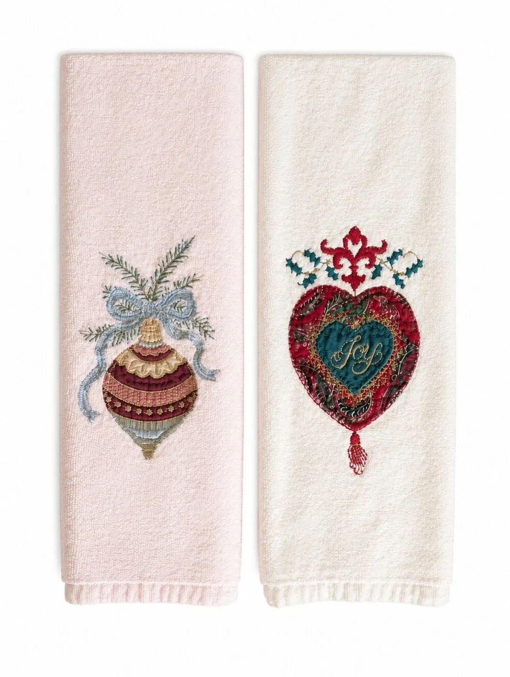 Vintage Embroidered Ornament Hand Towels - Pink & Cream